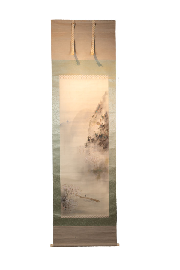 Japanese Antique Scroll – Foggy Mountain with a Man Walking on a  Bridge by Unknown
