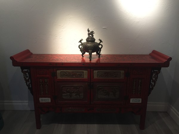 Antique Chinese Red Lacquer Wooden Console Table by Unknown