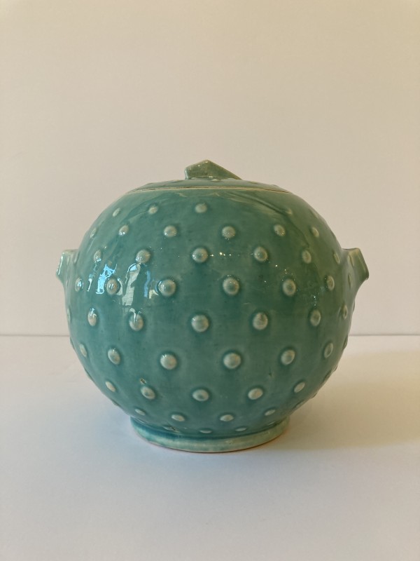 Antique Light Green Dimpled Ceramic Jar with Lid by Unknown