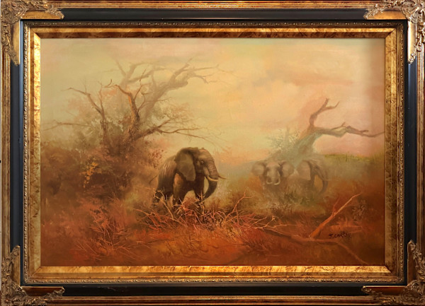 Vintage African Landscape with Elephants by J. Carley