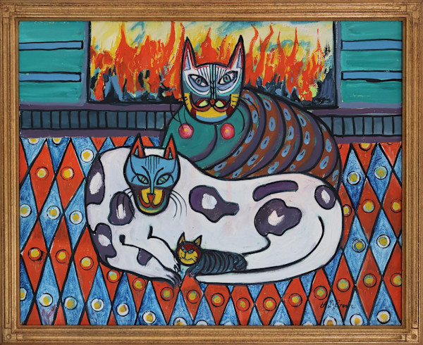 Crazy Cats by Fireplace by David Crown
