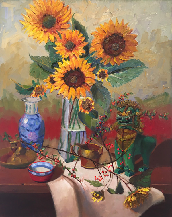 Sunflowers and Fu Dog by James Cobb