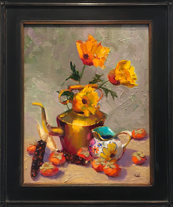 Brass Teapot, Persimmons and Poppies by James Cobb