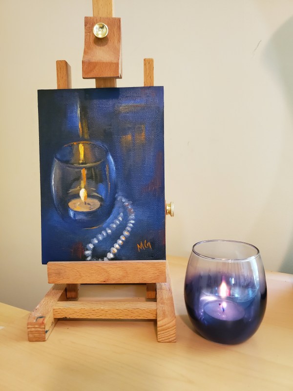 Candle and Pearls - Oil Painting in Silver Frame by Monika Gupta