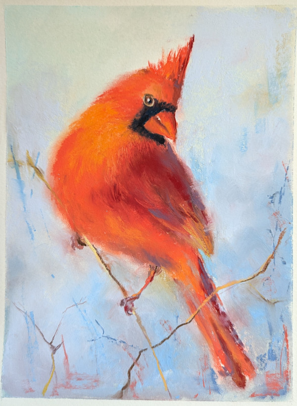 Red Cardinal Bird Painting in Pastel by Monika Gupta