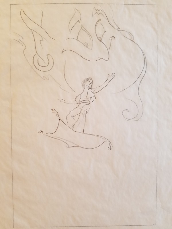 Aladdin Concept Drawing, Couple on Carpet with Genie, close to international key art