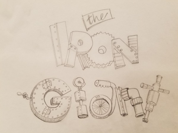 The Iron Giant Logo Concept, Boxed in Cursive "THE", Mechanical Parts "IRON GIANT"