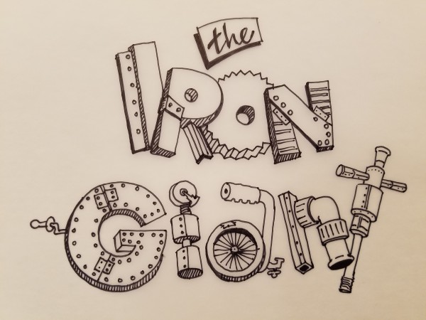 The Iron Giant Logo Concept, Boxed in Cursive "THE", Mechanical Parts "IRON GIANT", Inked