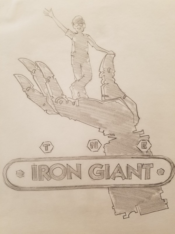 The Iron Giant Logo Concept, Robot Hand Holding Up Waving Hogarth by John Alvin, Image 1.