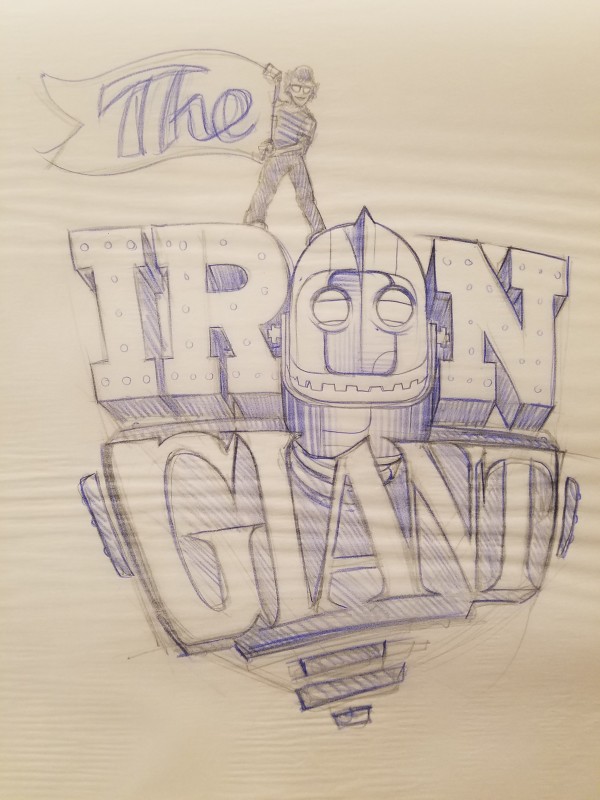 The Iron Giant Logo Concept, Hogarth Next to "THE" Flag by John Alvin, Image 1.