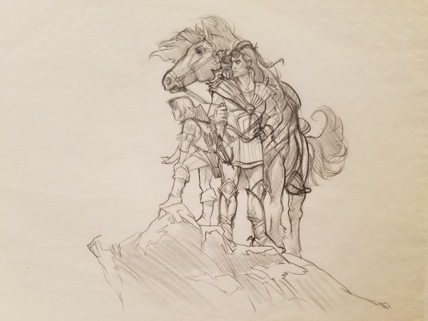 The Dragon Princess Sketch, Hero, Boy, and Horse on Cliff