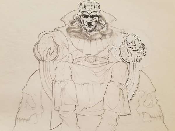 The Dragon Princess Sketch, Evil King on Throne, Scanned Head and Hand by John Alvin, Image 1.