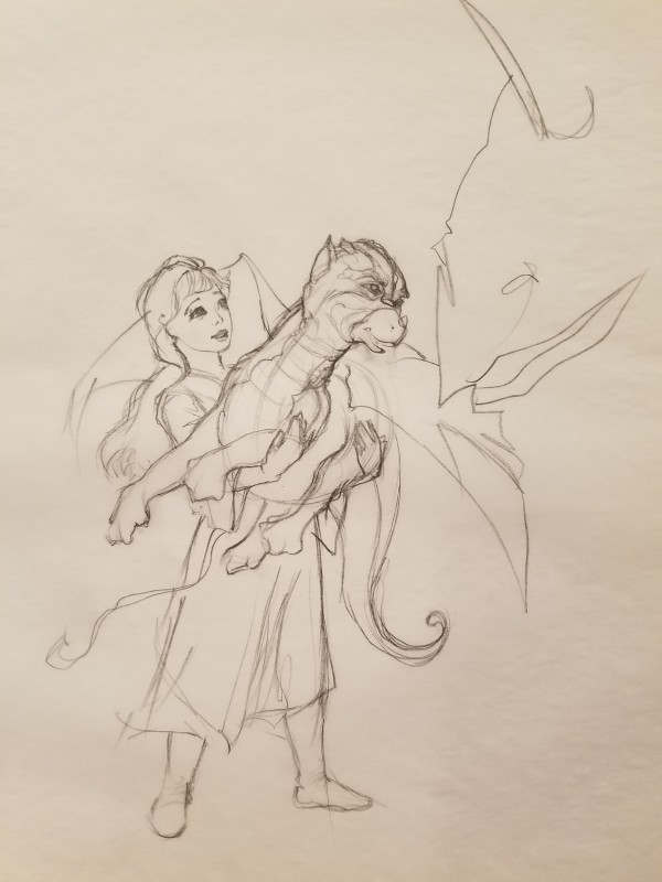 The Dragon Princess Sketch, Girl Holding Baby Dragon by John Alvin, Image 1.