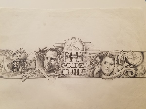The Golden Child Logo Concept, Full Cast on Left and Right by John Alvin, Image 1.