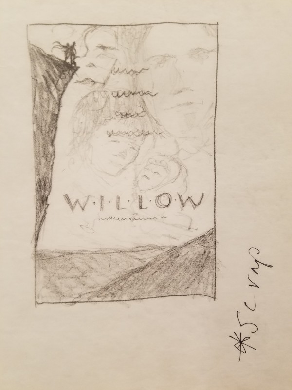 Willow Poster Concept, Cliff, Layout Sketch, notes in ink