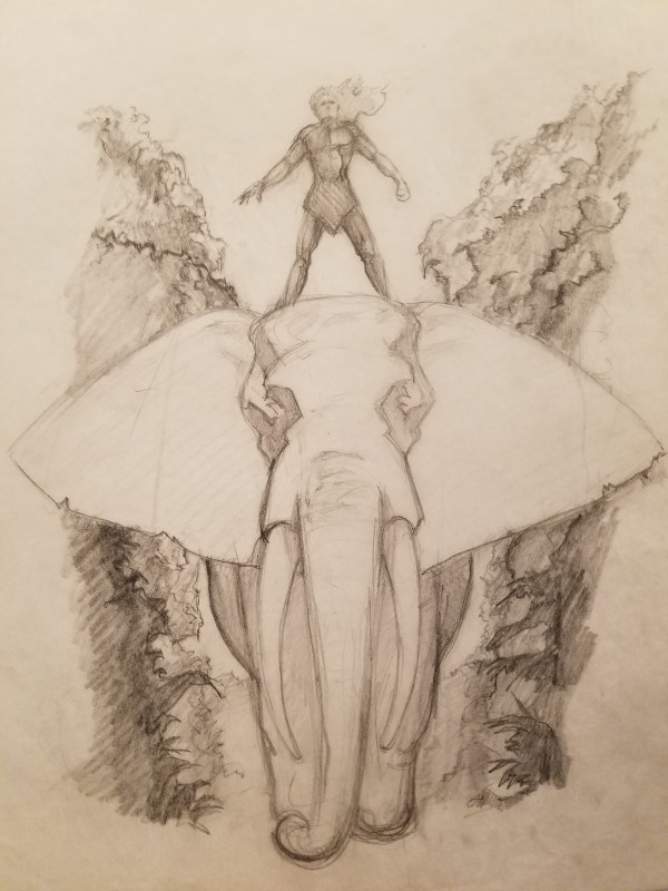 Tarzan Poster Concept, Tarzan Standing on Elephant Concept Sketch