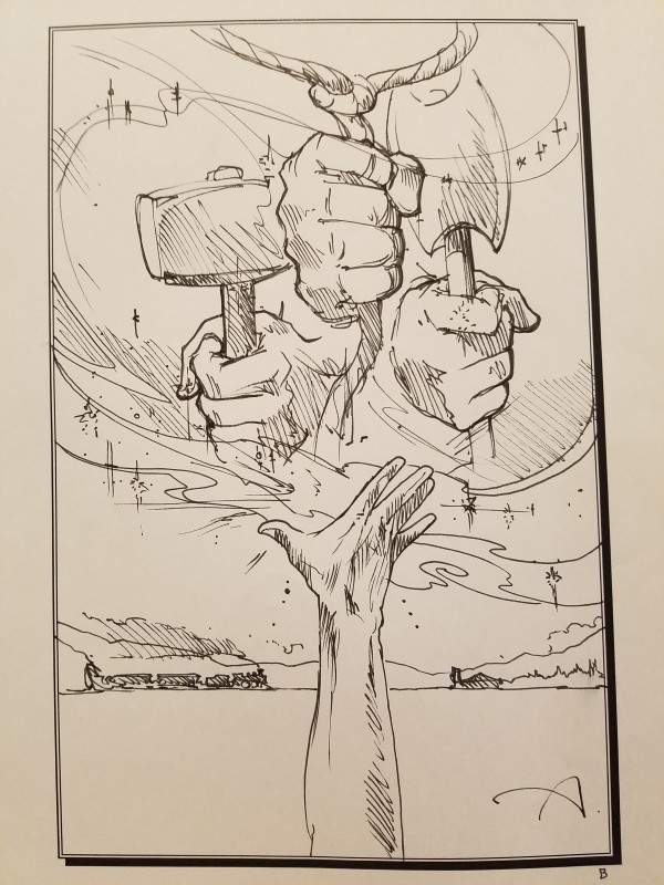 Tall Tale Poster Concept Art, Three Hands Holding a Hammer