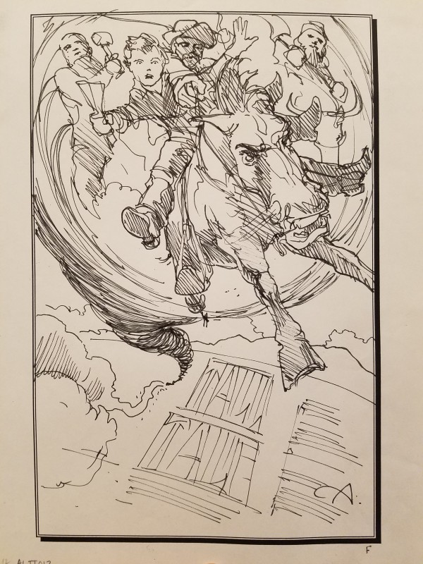 Tall Tale Poster Concept Art, Folks Riding Out of Tornado