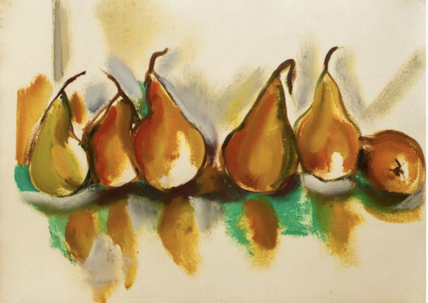 Golden Pears Teal Reflection by Mari Lyons