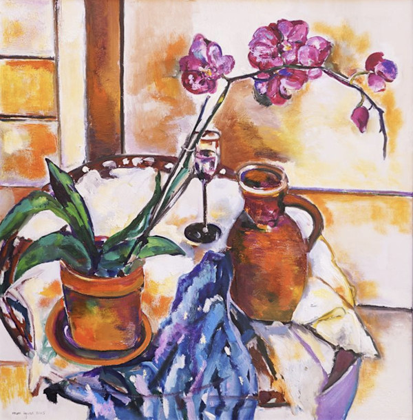 91. Orchids with Blue Cloth by Mari Lyons