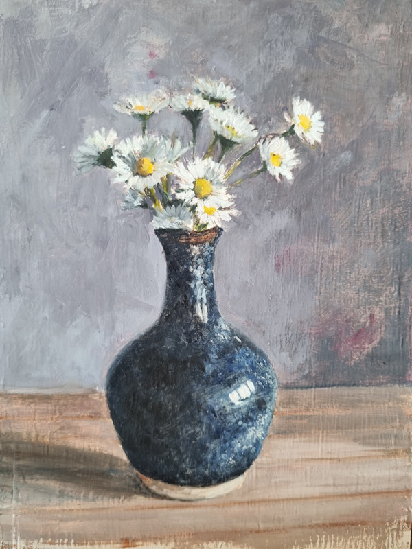 Daisies in Blue Vase by Miranda Free