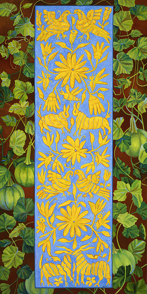 Otomi Embroidered Table Runner and Squash Plants by Kathy Roseth