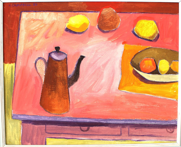Pink still life with coffee jug by Adrian Campbell