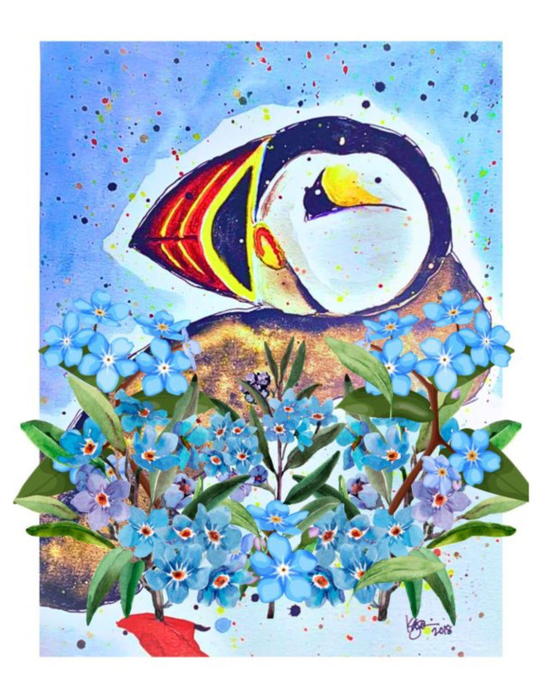 "Puffins & Forget Me Nots" by Karen  (Eben) Garcia