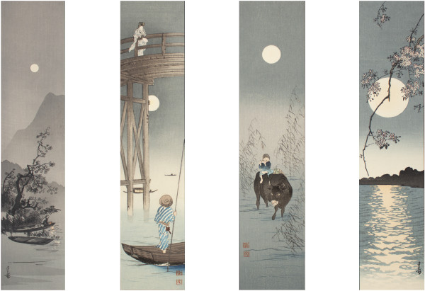 Fishing Boat; A High Bridge; Untitled; The Lake in the Moonlight by Koho Shoda