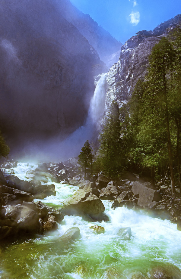 Mist Filtered Lower Yosemite Falls Late Afternoon by Rodney Buxton