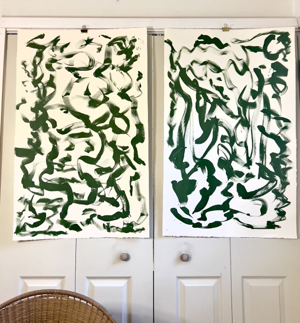 minimalist, green gestural diptych by Sherri Silverman