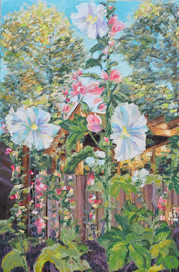 White Hollyhocks In Old Town, NM by HEIDI KIDD