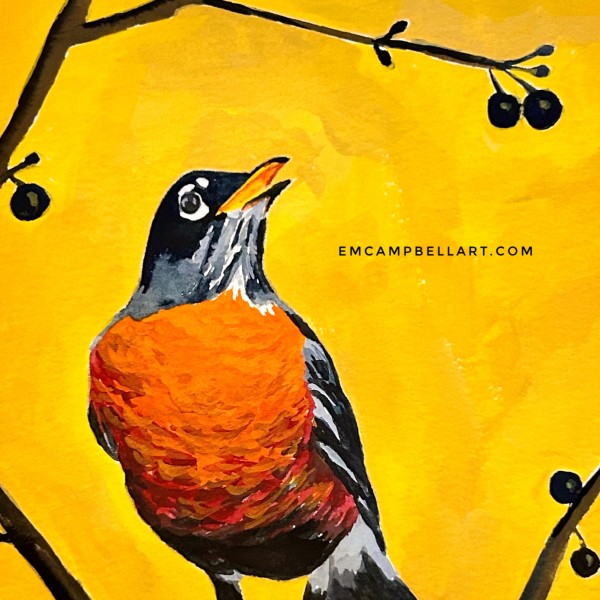 American Robin and Poke Berry by Em Campbell