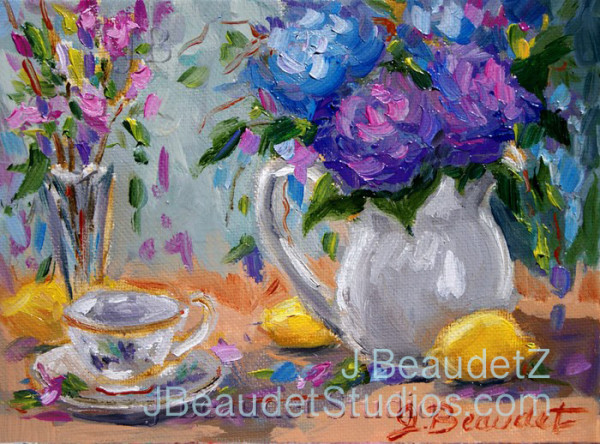 Purple Hydrangeas with Teacup by Jennifer Beaudet Zondervan by Jennifer Beaudet 