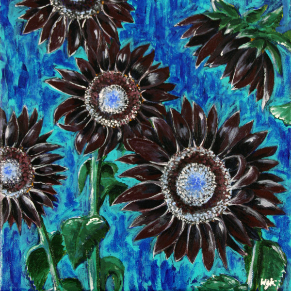 Dark Purple Sunflowers on Abstract Blue Background