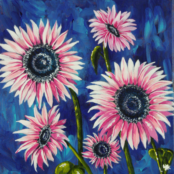 Pink Sunflowers on Abstract Blue Background by Wendi Knape