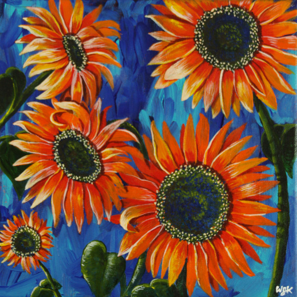 Orange Sunflowers on Abstract Blue Background by Wendi Knape