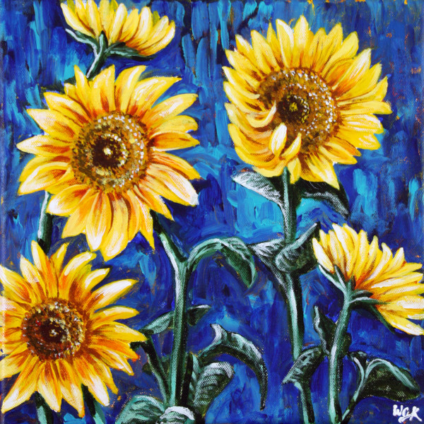 Yellow Sunflowers on Abstract Blue Background by Wendi Knape