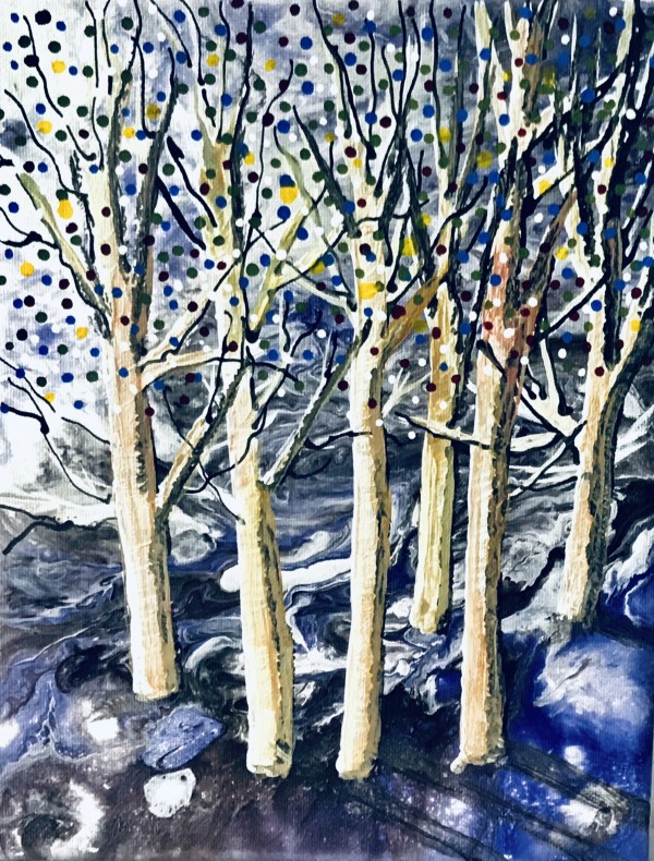 Polka Dot Aspen Trees with Blue Background by Margo Thomas