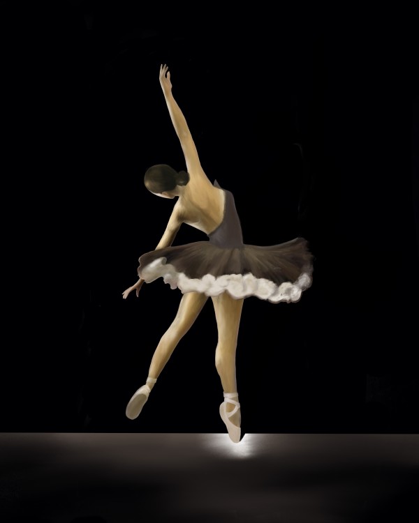 Arabesque Ballerina in Brown and White Classical Tutu One Arm Overhead on Black Background by Margo Thomas