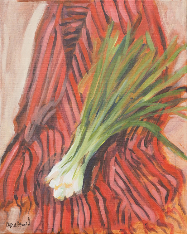 Green Onions on Cambodian Silk scarf by Carrie Arnold