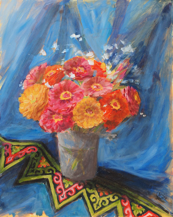 Thi's Zinnias on Hmong Emroidery by Carrie Arnold