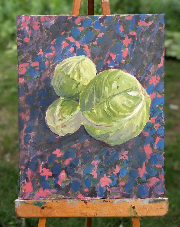 Cabbage on South Asian fabric by Carrie Arnold