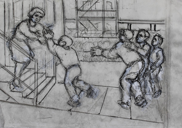 Tracing - Untitled - 4 Boys with Woman on Porch by Leopold Segedin