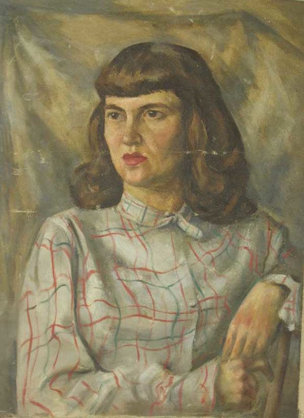 Untitled - Portrait of Woman in Red & Green Striped Blouse by Leopold Segedin, Image 1.