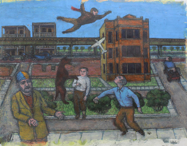 Untitled - Surreal City Scene with Floating Figure and Bear by Leopold Segedin, Image 1.
