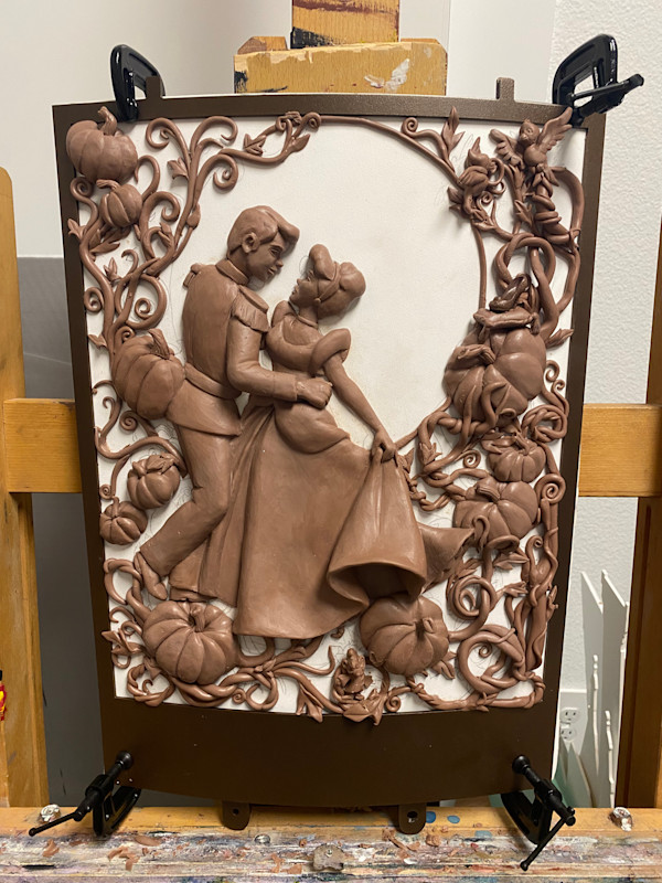 LOVE'S TIMELESS WALTZ (CINDERELLA) BRONZE RELIEF SCULPTURE ON BACK OF SWIVEL COUNTER HEIGHT BAR STOOL. 26 INCHES SEAT HEIGHT by JACINTHE LACROIX. MASTER SCULPTOR AND ARTIST, Image 2.