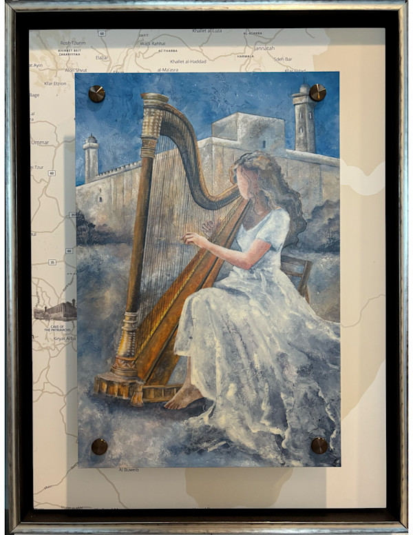 MUSIC REMEMBERS PAINTING PLUS UNDER SHOWING THE MAP OF THE OLD CITY OF HEBRON, WEST BANK OF THE CAVE OF THE PATRIARCHS (IBRAHIMI MOSQUE) by JACINTHE LACROIX. MASTER SCULPTOR AND ARTIST, Image 3.