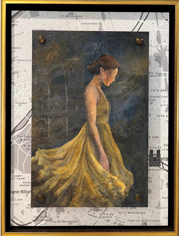 A GOLDEN SOIREE PAINTING PLUS UNDER SHOWING THE MAP OF PARIS WITH NOTRE-DAME DE PARIS by JACINTHE LACROIX. MASTER SCULPTOR AND ARTIST, Image 2.