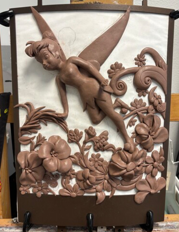 FLUTTER OF WONDER (TINKERBELL) BRONZE RELIEF SCULPTURE ON BACK OF SWIVEL COUNTER HEIGHT BAR STOOL. 26 INCHES SEAT HEIGHT by JACINTHE LACROIX. MASTER SCULPTOR AND ARTIST, Image 2.